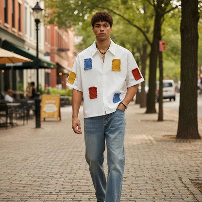 Men's Patchwork Button Down Shirt with Short Sleeves