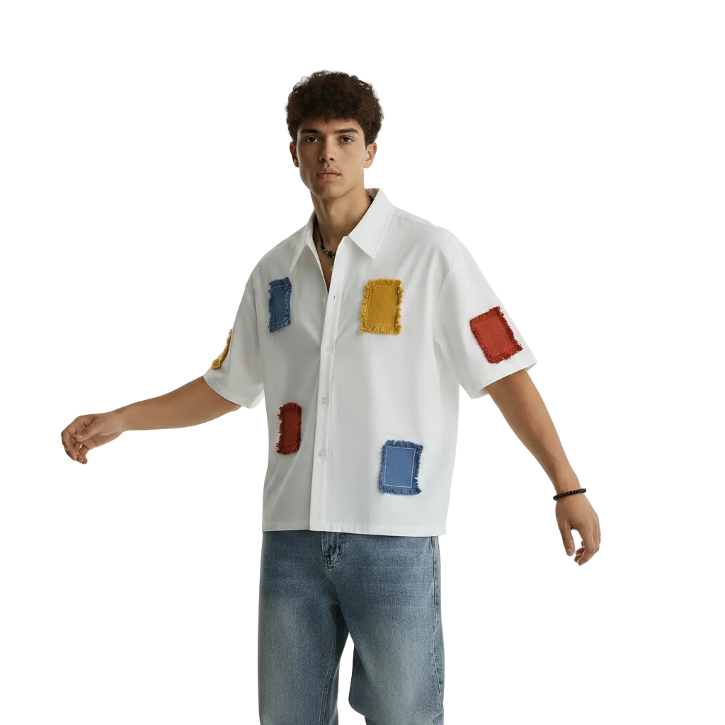 Men's Patchwork Button Down Shirt with Short Sleeves