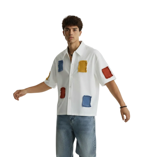 Men's Patchwork Button Down Shirt with Short Sleeves