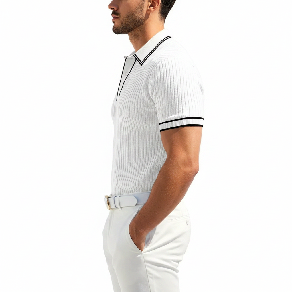 Men's Ribbed Polo Shirt with Short Sleeves for Summer Wear