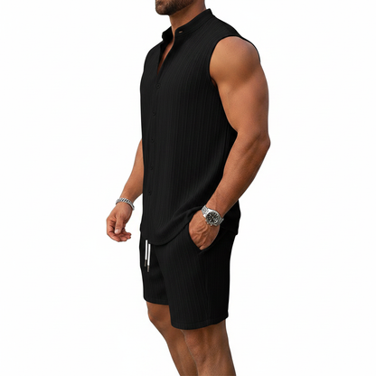 Men's Summer Two Piece Outfit with Sleeveless Button Down Shirt