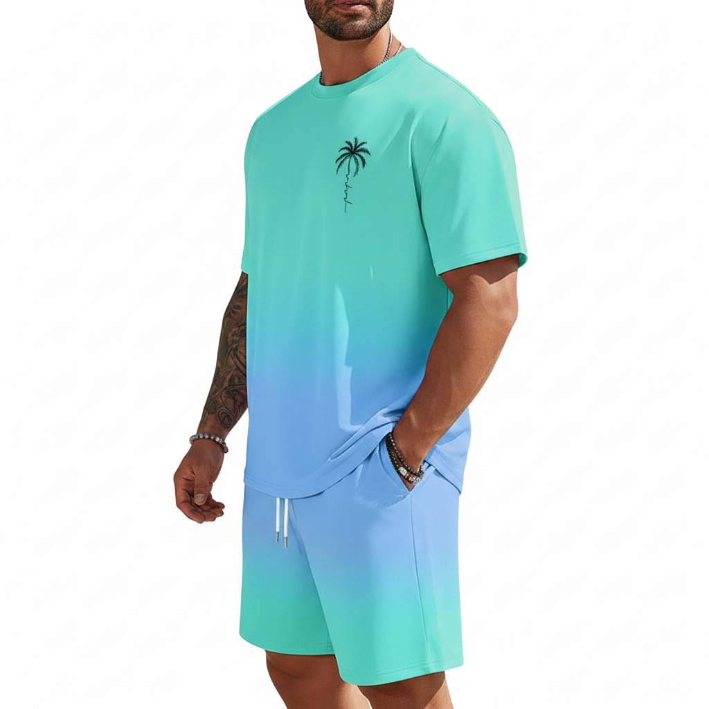 Men's Summer Two Piece Set with Short Sleeve Crew Neck T-Shirt