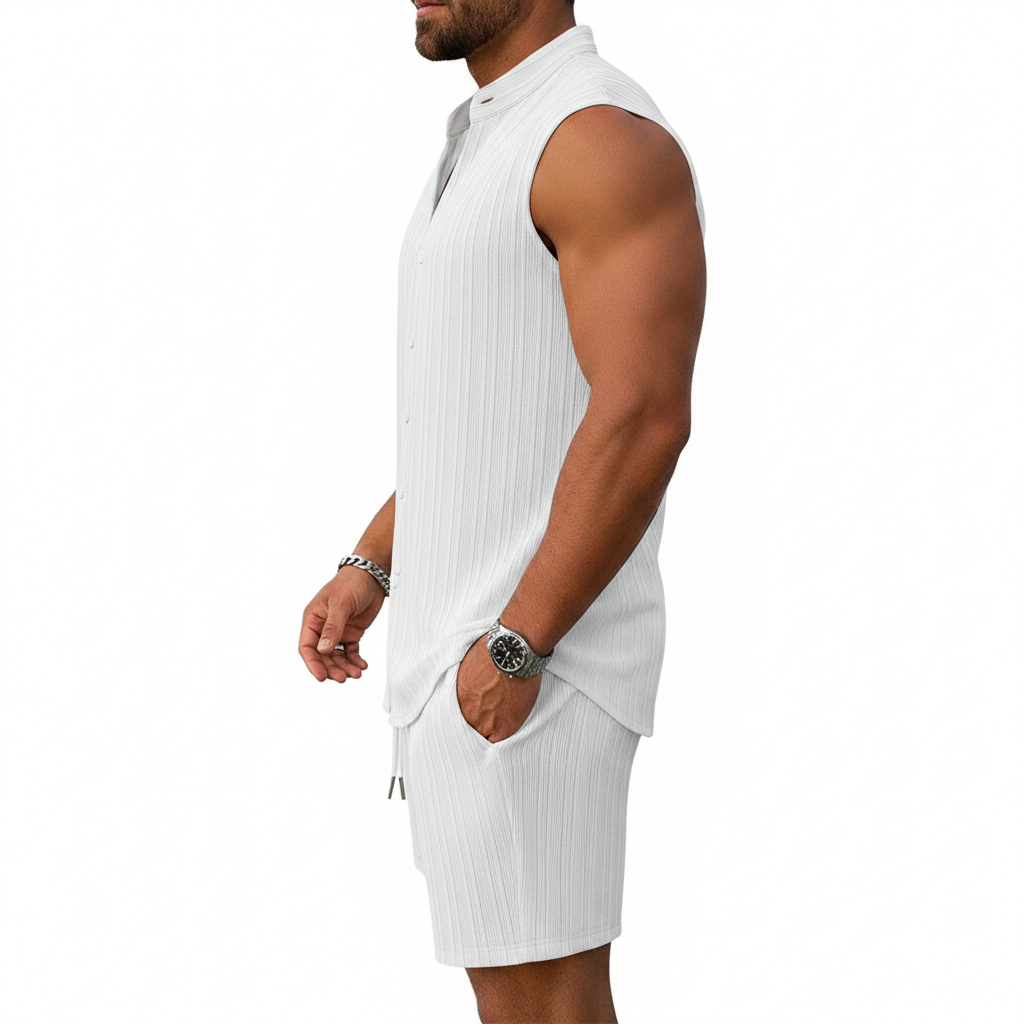 Men's Summer Two Piece Outfit with Sleeveless Button Down Shirt