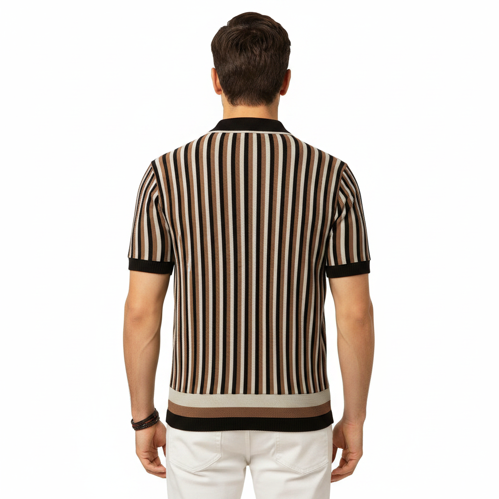 Men's Vertical Striped Short Sleeve Polo Shirt