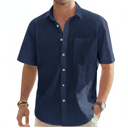 Men's Linen Short Sleeve Button Down Shirt with Chest Pocket
