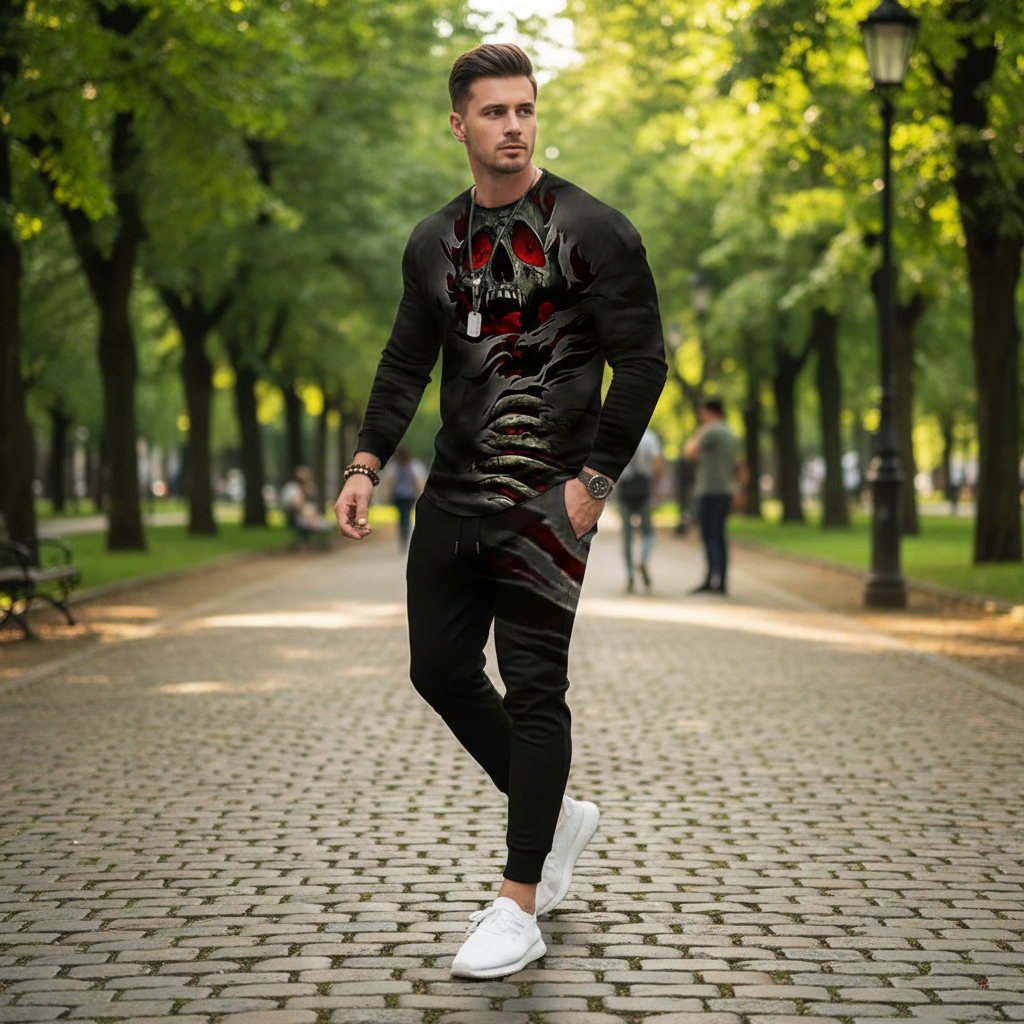 Men's Skull Print Long Sleeve Sweatshirt with Jogger Pants Set