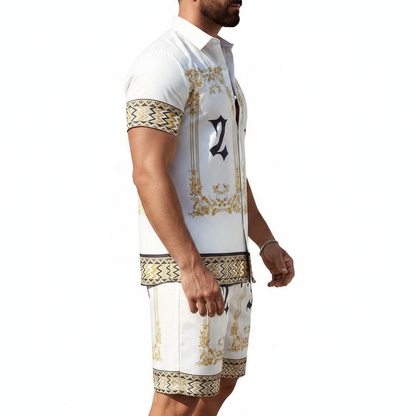 Men's Baroque Print Short Sleeve Button Down Shirt with Drawstring Shorts Set