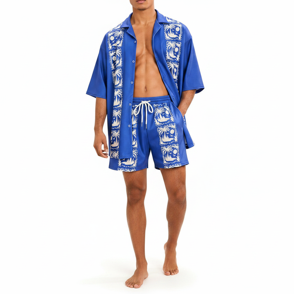 Men's Baroque Print Short Sleeve Button Down Shirt with Drawstring Shorts Set