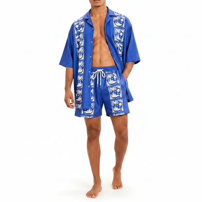 Men's Baroque Print Short Sleeve Button Down Shirt with Drawstring Shorts Set