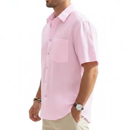 Men's Linen Short Sleeve Button Down Shirt with Chest Pocket