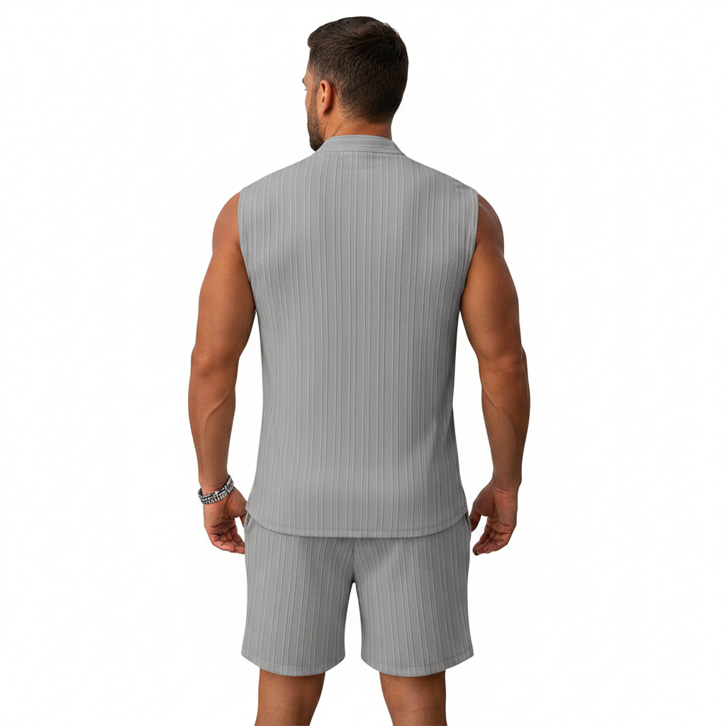 Men's Summer Two Piece Outfit with Sleeveless Button Down Shirt