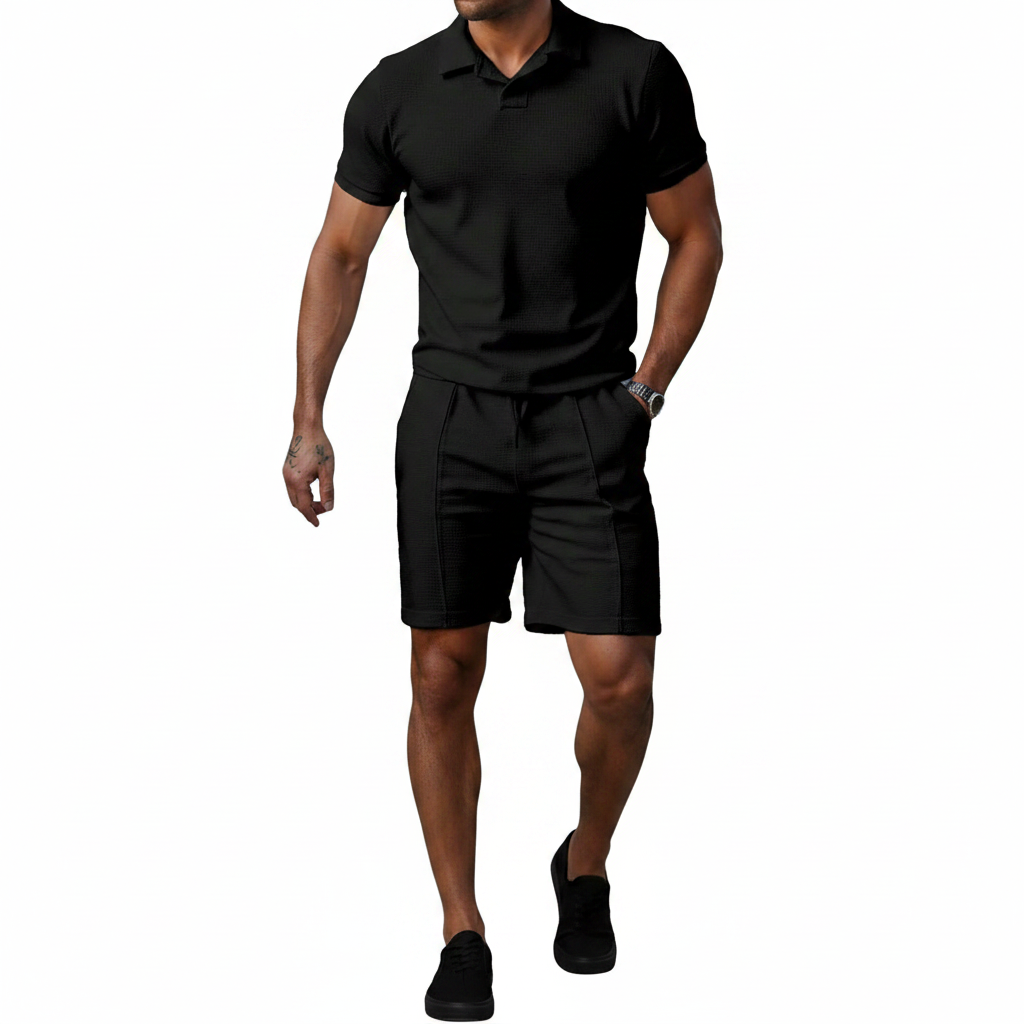 Men's Geometric Print Short Sleeve Polo Shirt with Matching Shorts Set