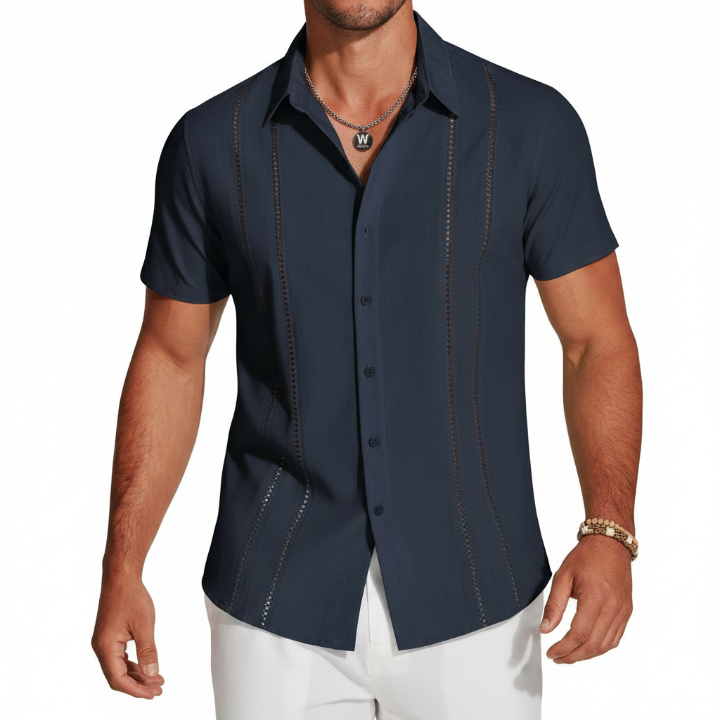 Men's Short Sleeve Button Down Shirt with Vertical Stripe Print