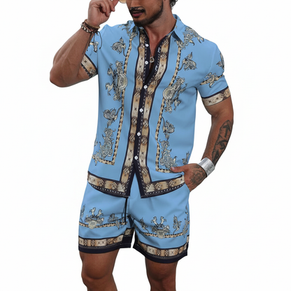 Men's Baroque Print Short Sleeve Button Down Shirt with Drawstring Shorts Set
