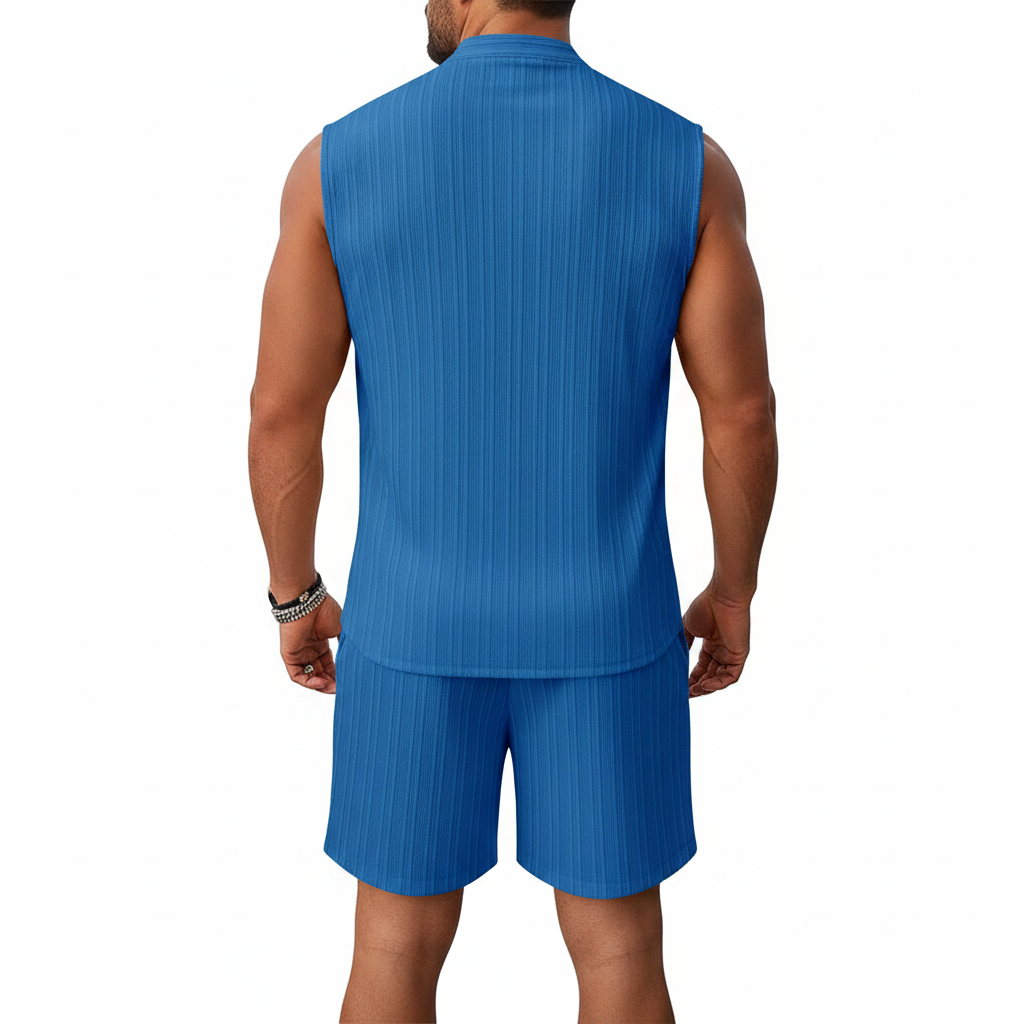 Men's Summer Two Piece Outfit with Sleeveless Button Down Shirt