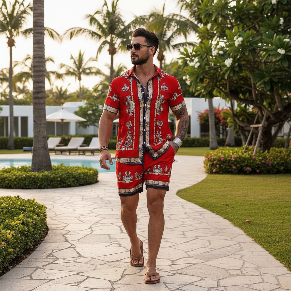 Men's Baroque Print Short Sleeve Button Down Shirt with Drawstring Shorts Set