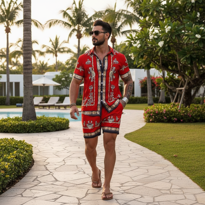 Men's Baroque Print Short Sleeve Button Down Shirt with Drawstring Shorts Set