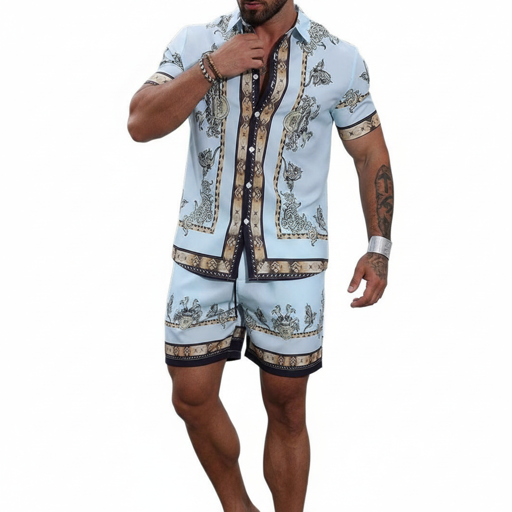 Men's Baroque Print Short Sleeve Button Down Shirt with Drawstring Shorts Set