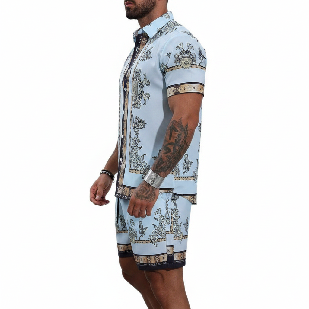 Men's Baroque Print Short Sleeve Button Down Shirt with Drawstring Shorts Set