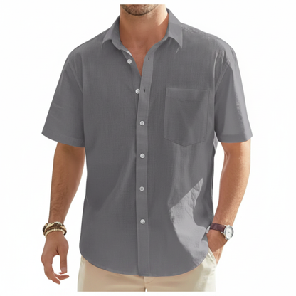 Men's Linen Short Sleeve Button Down Shirt with Chest Pocket