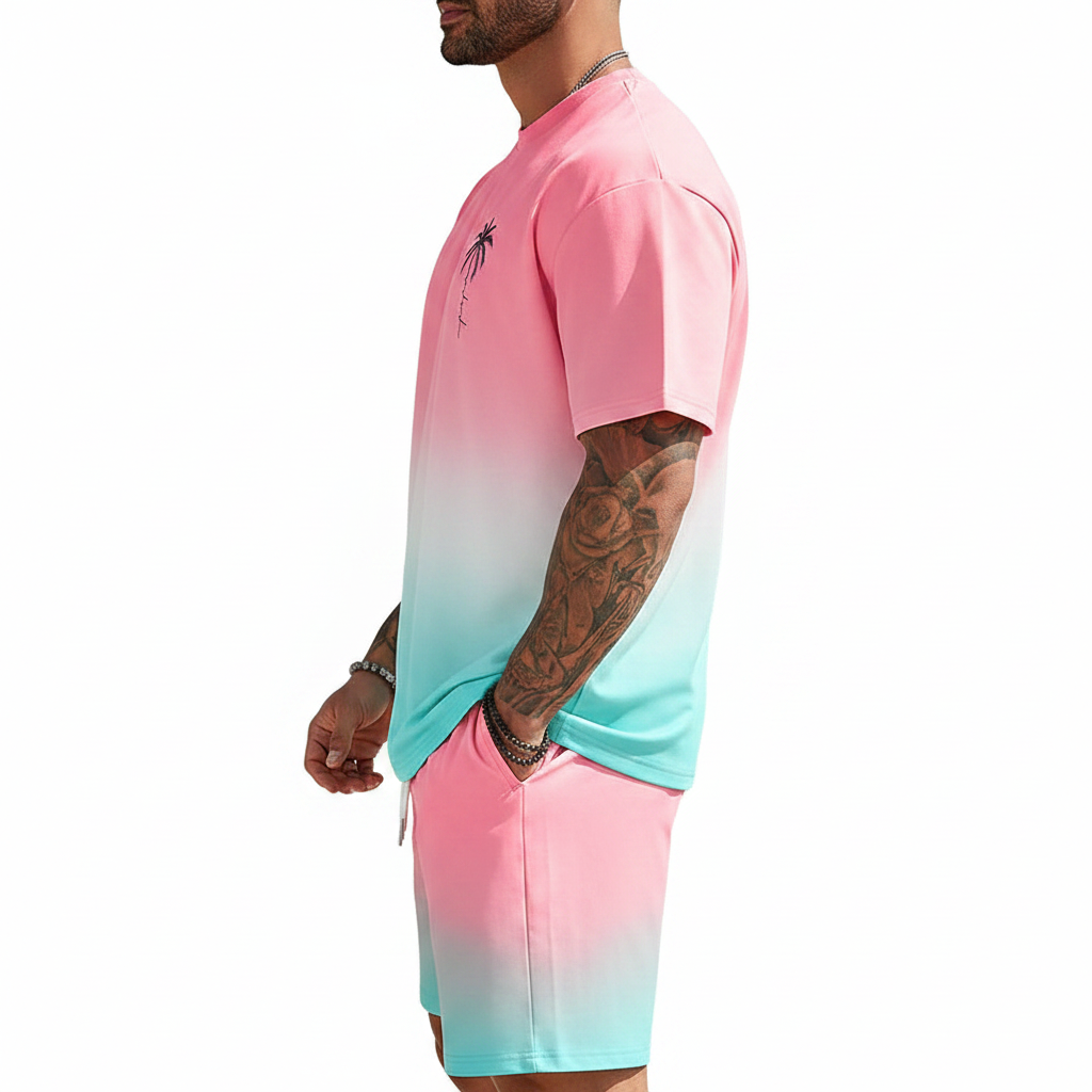 Men's Summer Two Piece Set with Short Sleeve Crew Neck T-Shirt