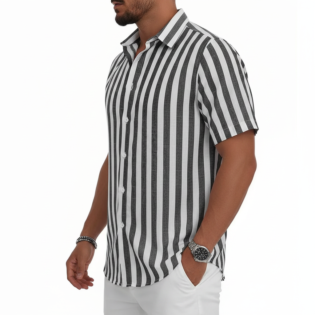 Men's Vertical Striped Short Sleeve Button Down Shirt