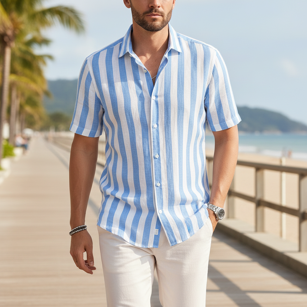 Men's Vertical Striped Short Sleeve Button Down Shirt