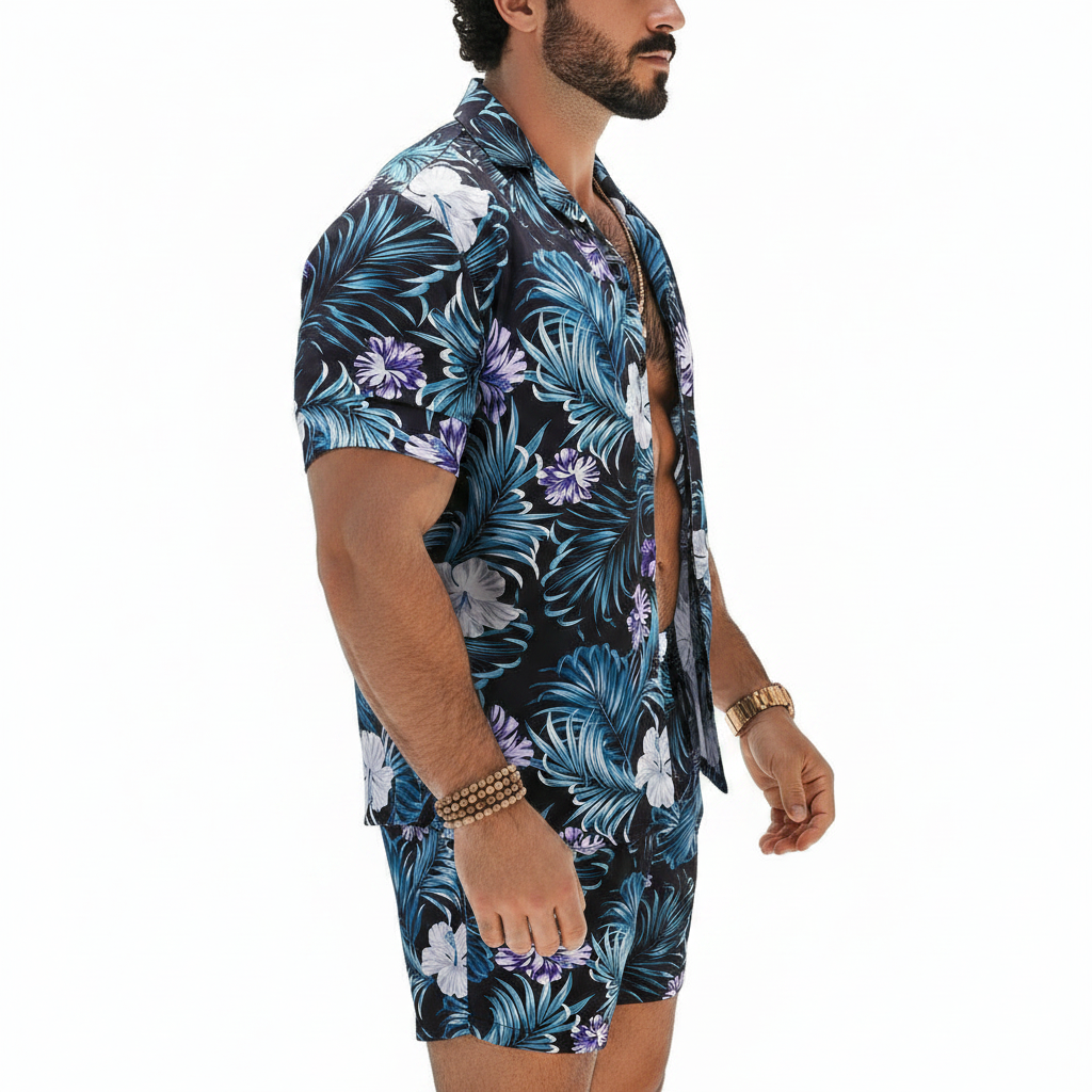 Men's Baroque Print Short Sleeve Button Down Shirt with Drawstring Shorts Set