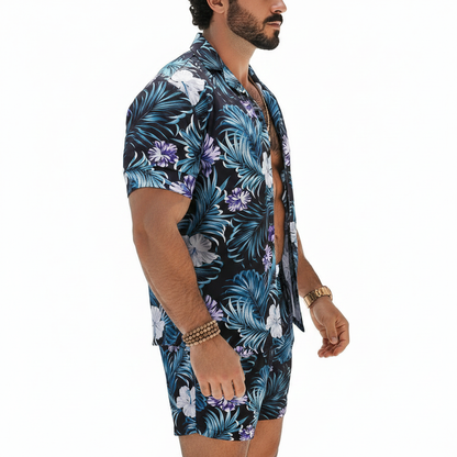 Men's Baroque Print Short Sleeve Button Down Shirt with Drawstring Shorts Set