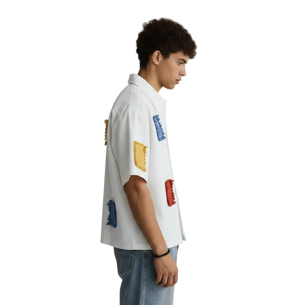 Men's Patchwork Button Down Shirt with Short Sleeves
