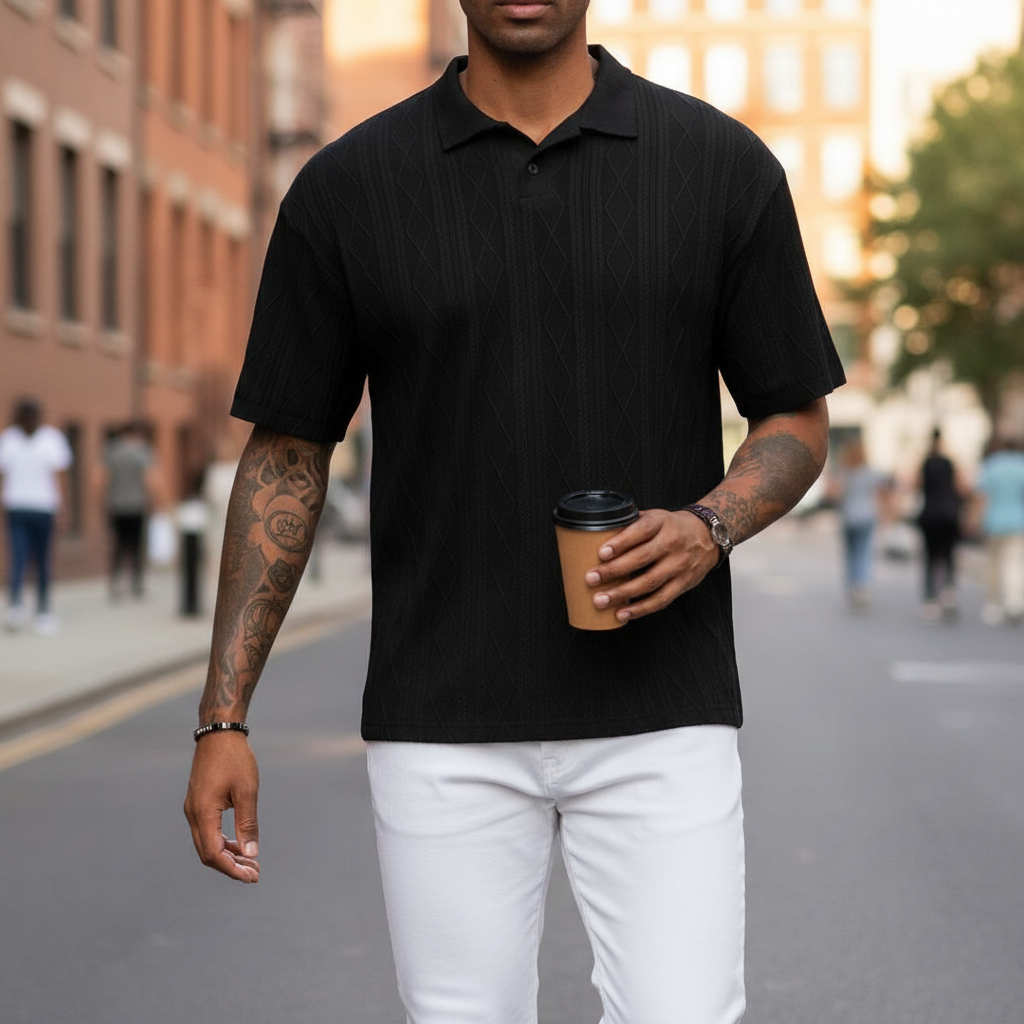 Men's Textured Short Sleeve Polo Shirt in Cotton Blend Fabric