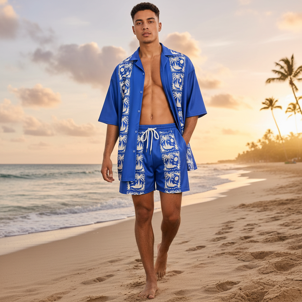 Men's Baroque Print Short Sleeve Button Down Shirt with Drawstring Shorts Set