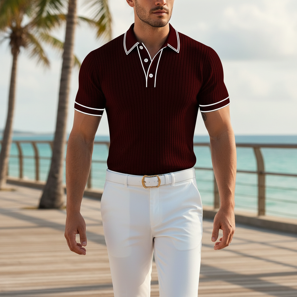 Men's Ribbed Polo Shirt with Short Sleeves for Summer Wear