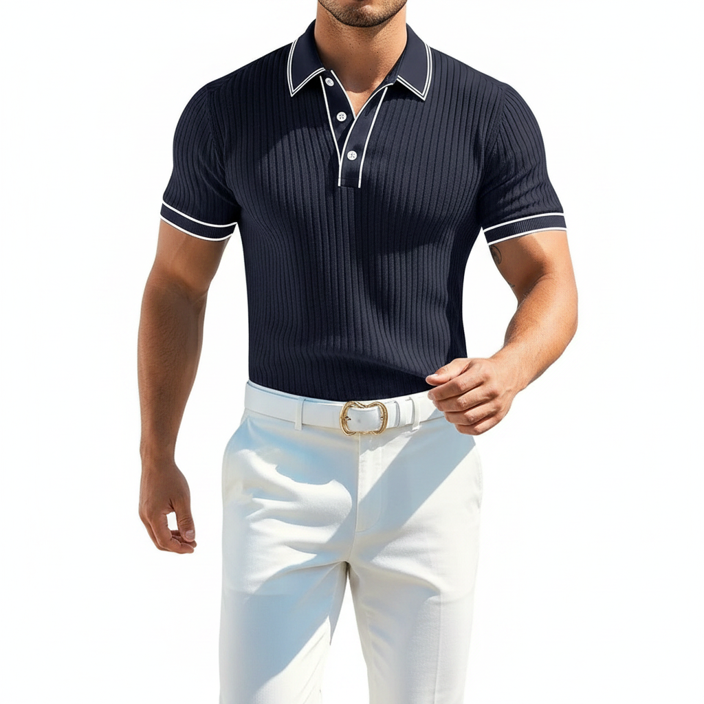 Men's Ribbed Polo Shirt with Short Sleeves for Summer Wear