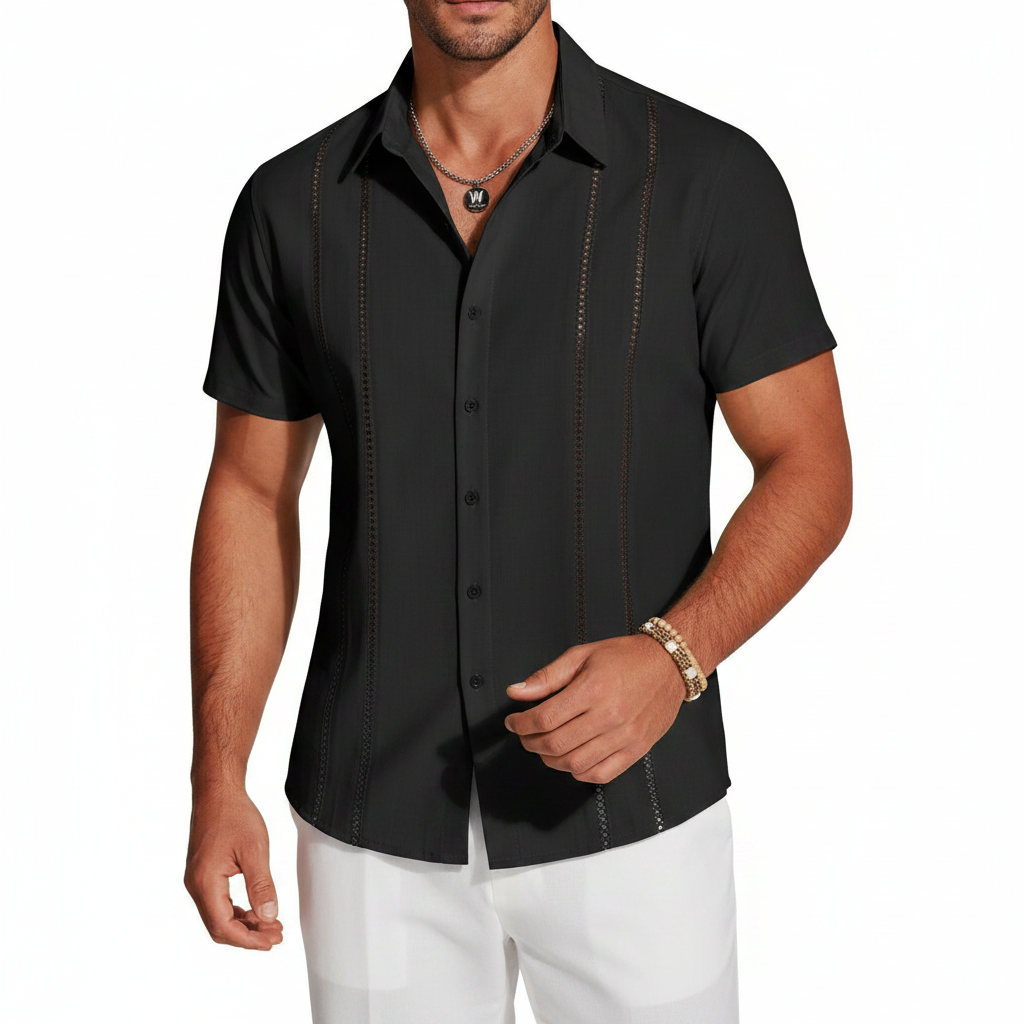 Men's Short Sleeve Button Down Shirt with Vertical Stripe Print