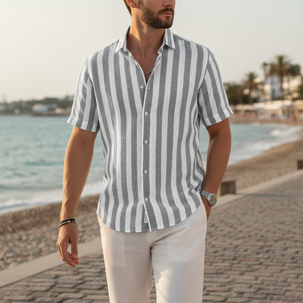 Men's Vertical Striped Short Sleeve Button Down Shirt