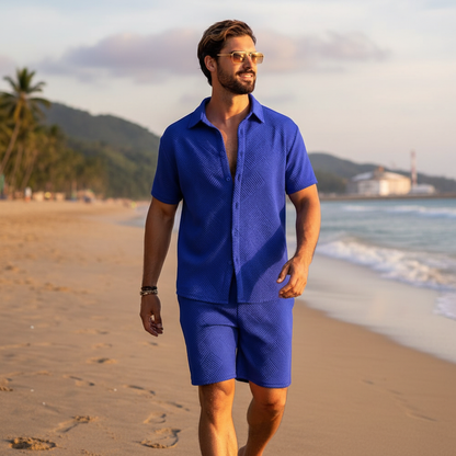 Men's Summer Two Piece Set with Textured Short Sleeve Shirt