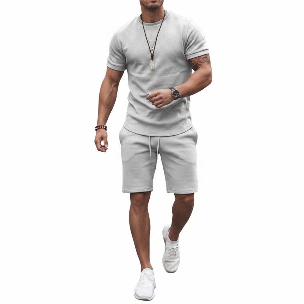 Men's Textured Short Sleeve T-Shirt with Drawstring Shorts Set