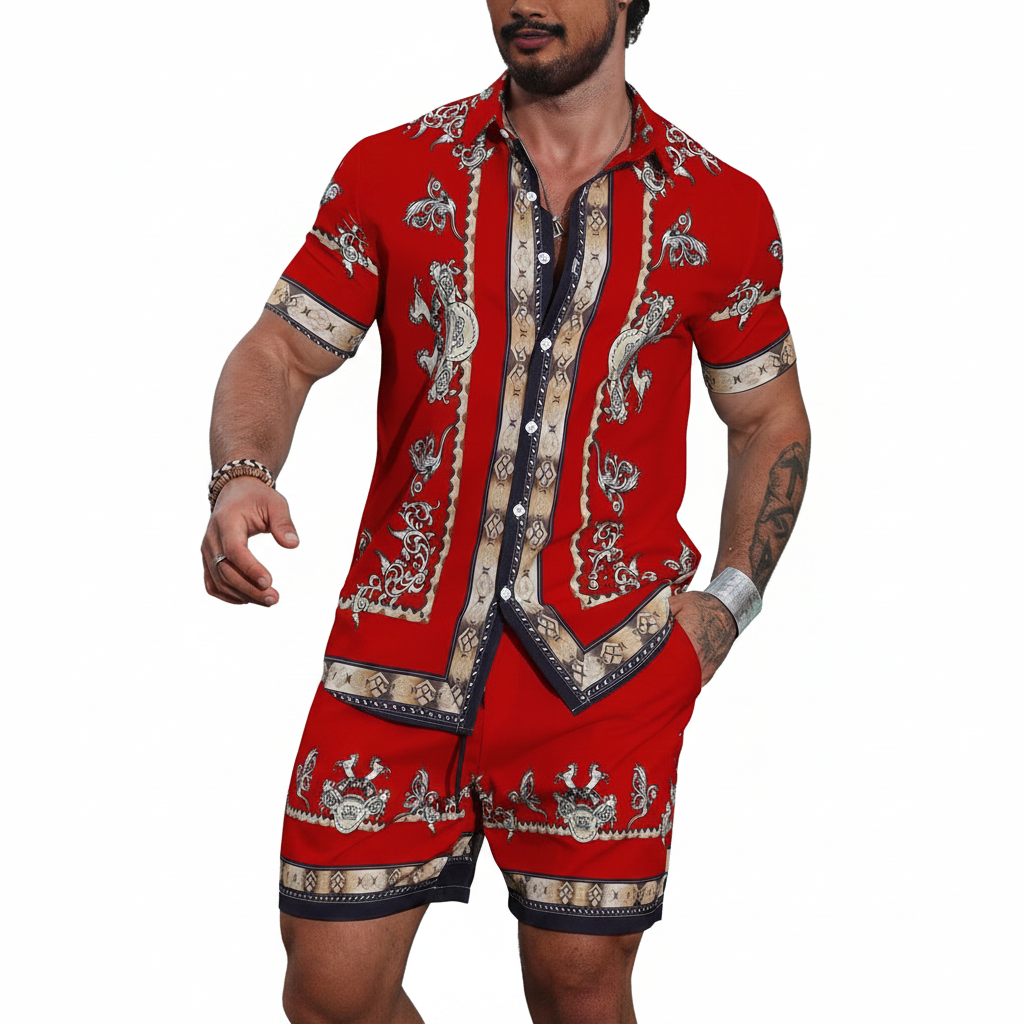 Men's Baroque Print Short Sleeve Button Down Shirt with Drawstring Shorts Set