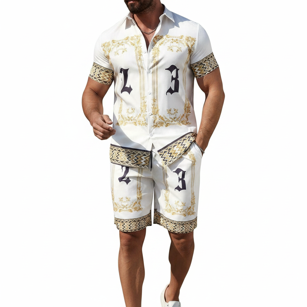 Men's Baroque Print Short Sleeve Button Down Shirt with Drawstring Shorts Set