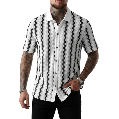 Men's Geometric Stripe Button Down Shirt with Textured Knit Design