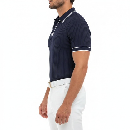 Men's Ribbed Polo Shirt with Short Sleeves for Summer Wear
