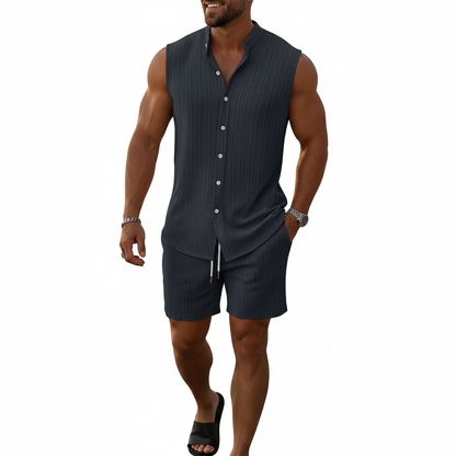Men's Summer Two Piece Outfit with Sleeveless Button Down Shirt