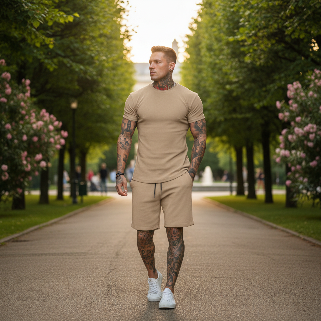 Men's Short Sleeve T-Shirt with Drawstring Shorts Set