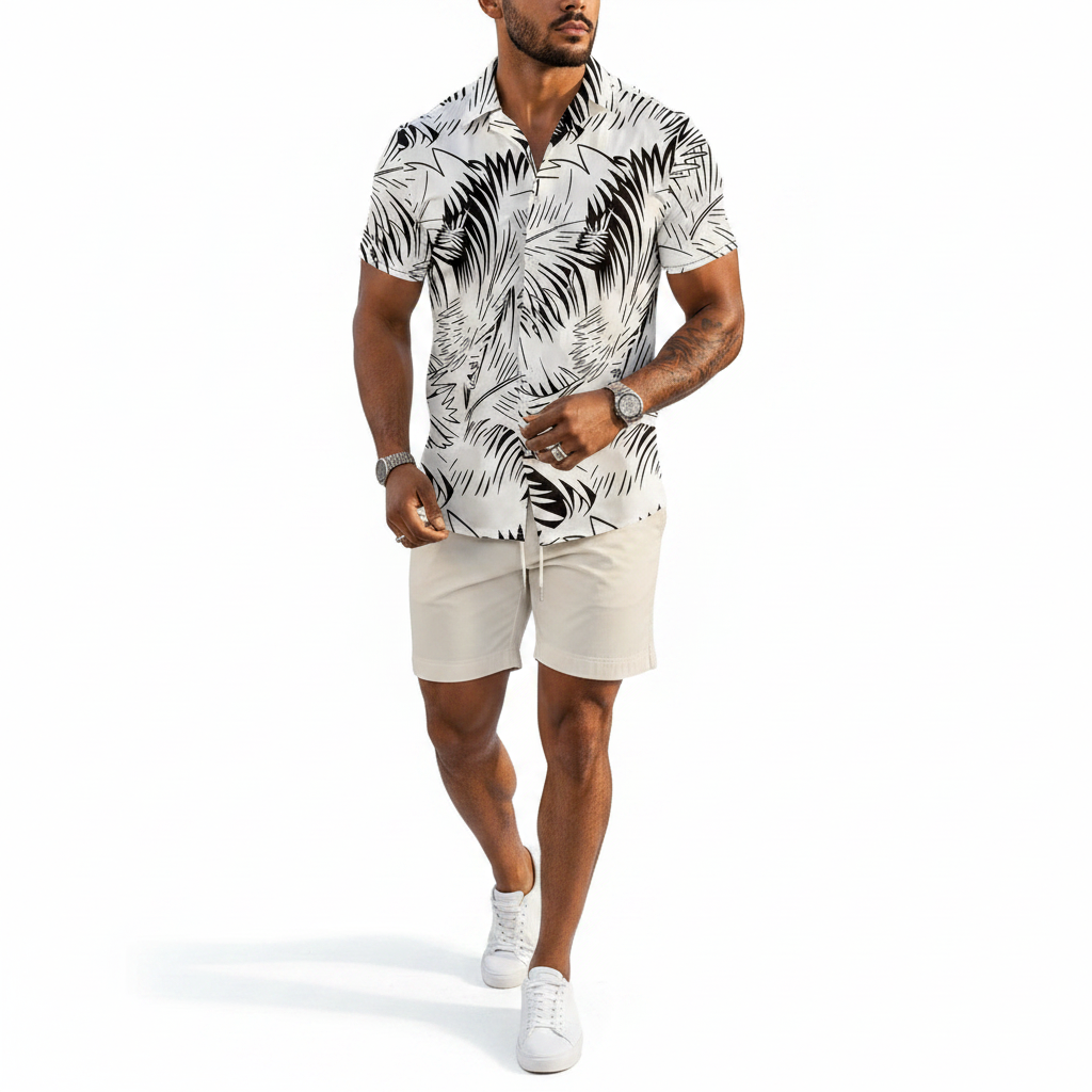 Men's Baroque Print Short Sleeve Button Down Shirt with Drawstring Shorts Set