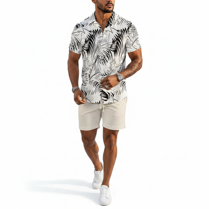 Men's Baroque Print Short Sleeve Button Down Shirt with Drawstring Shorts Set
