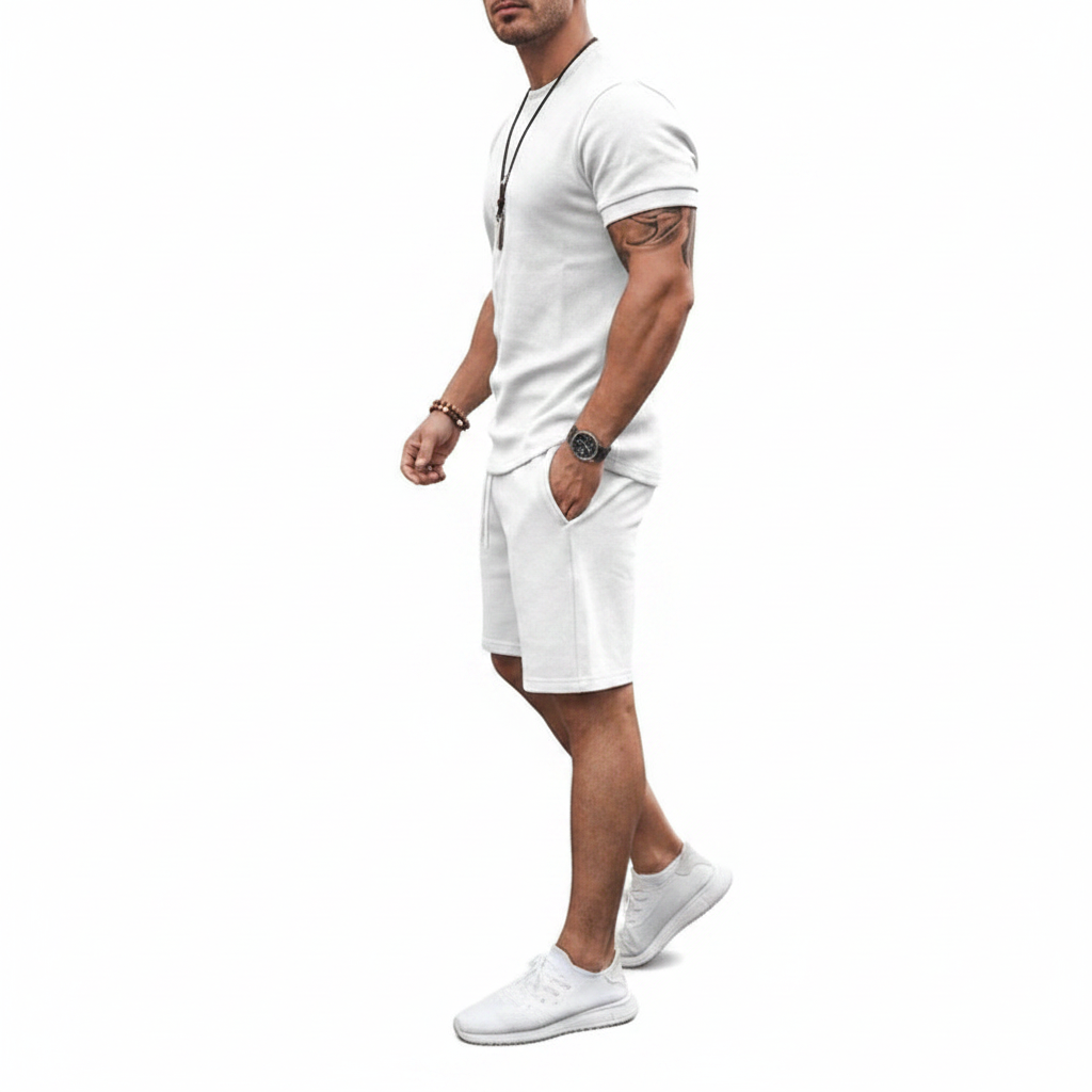 Men's Textured Short Sleeve T-Shirt with Drawstring Shorts Set