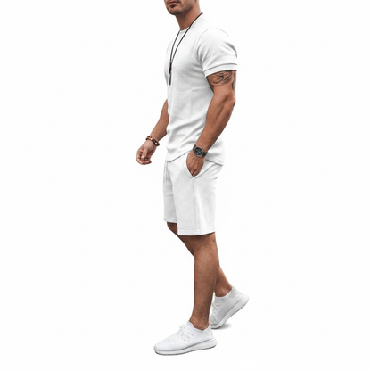 Men's Textured Short Sleeve T-Shirt with Drawstring Shorts Set