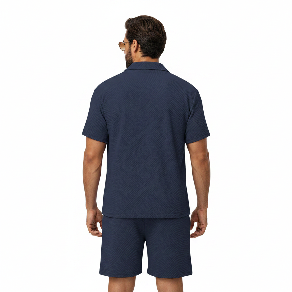 Men's Summer Two Piece Set with Textured Short Sleeve Shirt
