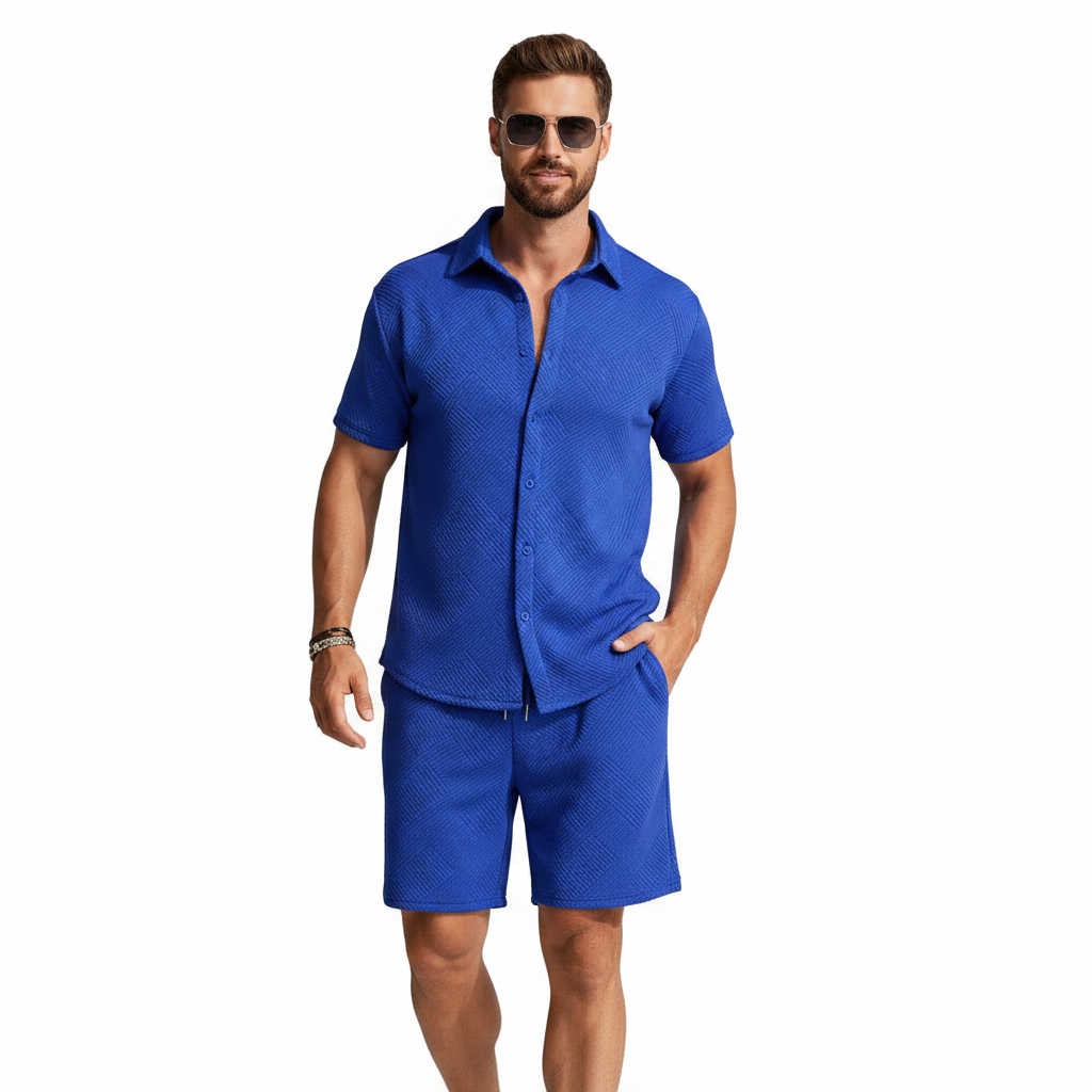 Men's Summer Two Piece Set with Textured Short Sleeve Shirt